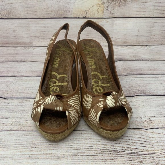 Sam Edelman Toledo Size 7.5M Brown White Textile Upper Espadrille Wedge Cork Bed - Picture 3 of 8